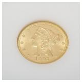 U.S. 1893 $5 gold coin- graded MS63