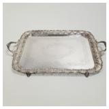 Large ornate silverplated copper tray with silver
