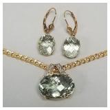 Set 14K gold & prasiolite jewelry: 18" necklace &