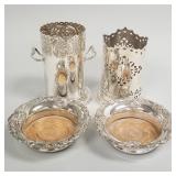 2 silverplate bottle caddies & 2 silverplate