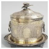 Ornate Victorian silverplate biscuit box with bird