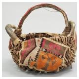 Large woven basket with horn handles & textile