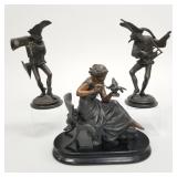 3 antique Victorian spelter pieces: clock figure &