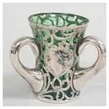 Antique silver overlay green glass loving cup