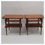 Pair teak mid-century end tables with lower shelf-