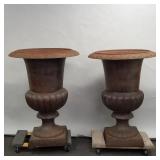 Pair large monumental heavy cast iron garden urns-