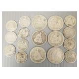 17 U.S. silver seated Liberty coins: 6 quarters &
