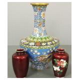 3 cloisonne, etc vases- 12 1/2"H largest