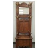 Antique oak hall bench w/ beveled mirror- 77"H