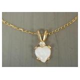 14K gold & opal heart pendant necklace- 0.9g, 16"L