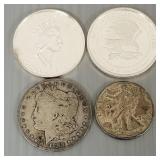 4 silver coins, etc.: 1889-O dollar, Walking