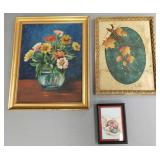 3 framed artworks incl floral oil painting on