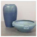 2 mat blue vintage pottery pcs- 8'H tallest