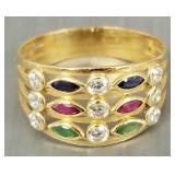 18K gold & multi- color gemstone ring- 2.8g; size
