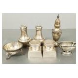7 sterling silver items: 5 shakers & 2 open salts-