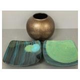 W. Germany pottery vase & 2 mod 10' glass footed