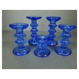 5 Iittala Finland blue glass candleholders- 6'H