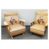 Pair ranch oak western motif chairs with horse