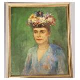 Antique oil painting on canvas- woman w/ floral
