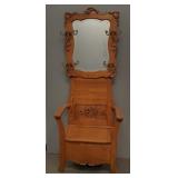 Oak lift seat hall tree w/ beveled mirror- 75'H