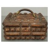Unusual antique tramp art lidded box w/ leather