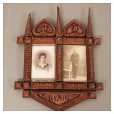 Antique tramp art double picture frame- dated 1907