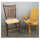 2 log chairs: signed 3-legged & Old Hickory style