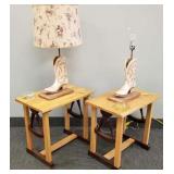 Pair ranch oak western motif side tables with boot