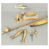 Gp folk art items incl birch bark canoe, fishing