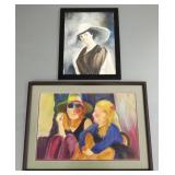 2 signed watercolor paintings- women w/ hats-