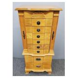 Oak multi-drawer floor model jewelry chest w/ lift