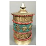 Mixed metal Asian prayer wheel inlaid w/ coral &