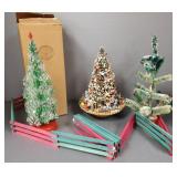 3 vintage tabletop Christmas trees & wooden fence