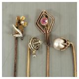 4 antique gold stickpins s/w stones: 1- 14K & 3-