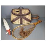 3 fishing items: Compac creel, wooden net &