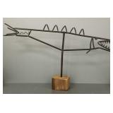 Folk art copper fish lawn sprinkler on wood base-