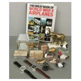 Group desk top items incl elephant & duck figures,