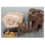 4 carved wood, etc elephant figures- largest 12"H