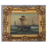 Antique oil painting on canvas- sailing ships in