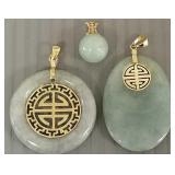 Three- 14k gold & jade pendants: