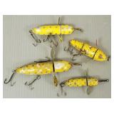 4 vintage Hinkley, etc. fishing lures- 4" largest