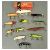 12 vintage, etc. fishing lures incl Martin, Heddon