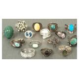 15 sterling silver rings s/w stones, etc. incl.