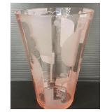 Deco pink depression glass vase (rim chip) 8"H
