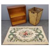 Vintage bookshelf, vintage hooked rug & wood