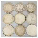 9 U.S. Morgan silver dollars incl 1891-O, 1882-S,