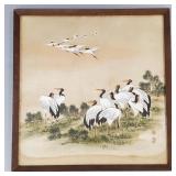 Vintage Asian panting on silk- red crowned cranes