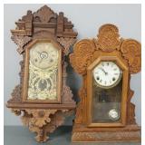 2 carved Victorian wood clocks: 24"H mantle clock