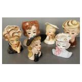 6 asst. vintage head vases incl fur collar, Enesco