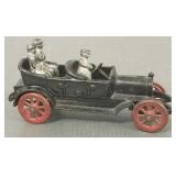 Vintage cast iron car w/ driver & passengers- 7"L